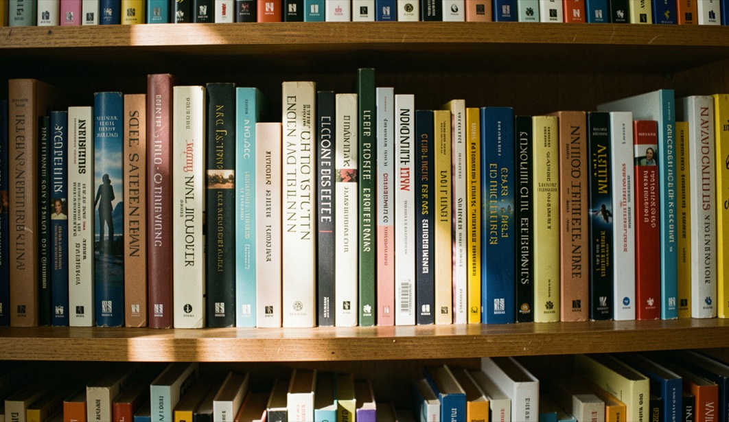 Ein aufgeschlagenes Buch auf einem Holztisch neben einem offenen Notizheft, daneben eine warme Leselampe, die einen weichen Lichtkegel auf die Seiten wirft, seitliche Aufnahme in ruhigem Abendlicht.