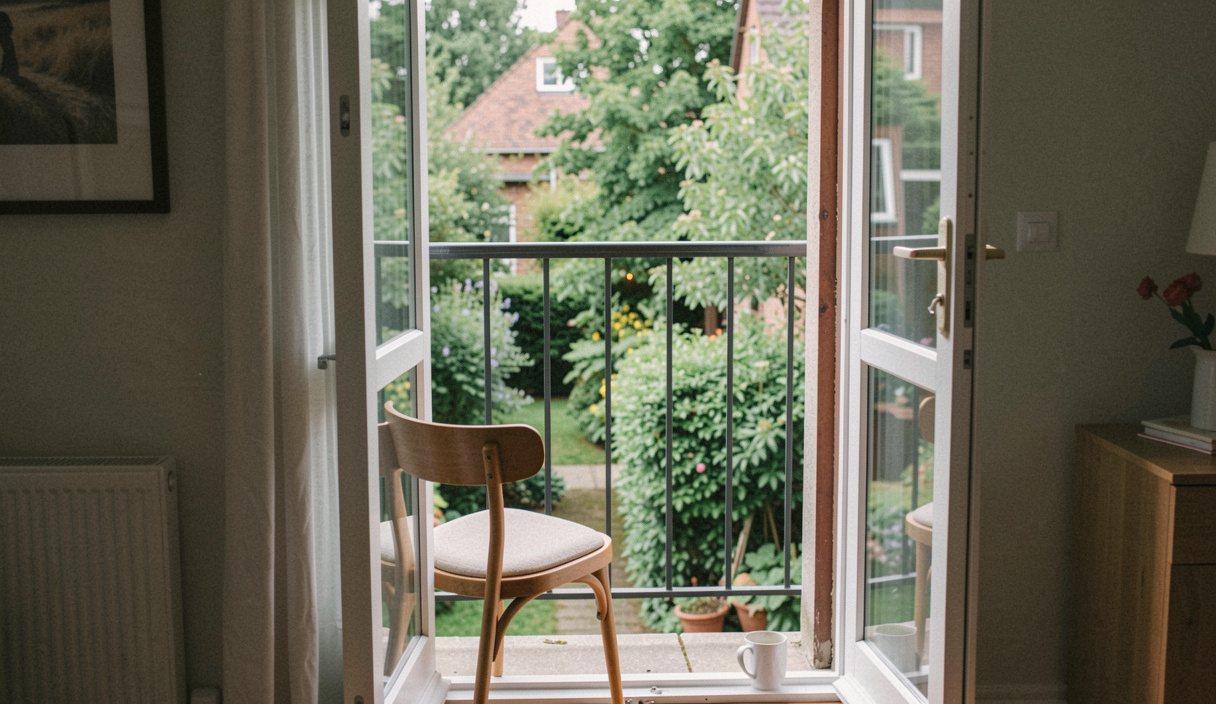 Offene Balkontür mit Blick in einen begrünten Hinterhof, ein Stuhl steht halb im Türrahmen, eine Tasse auf der Schwelle, weiches Vormittagslicht, halbnahe Aufnahme aus dem Zimmer heraus
