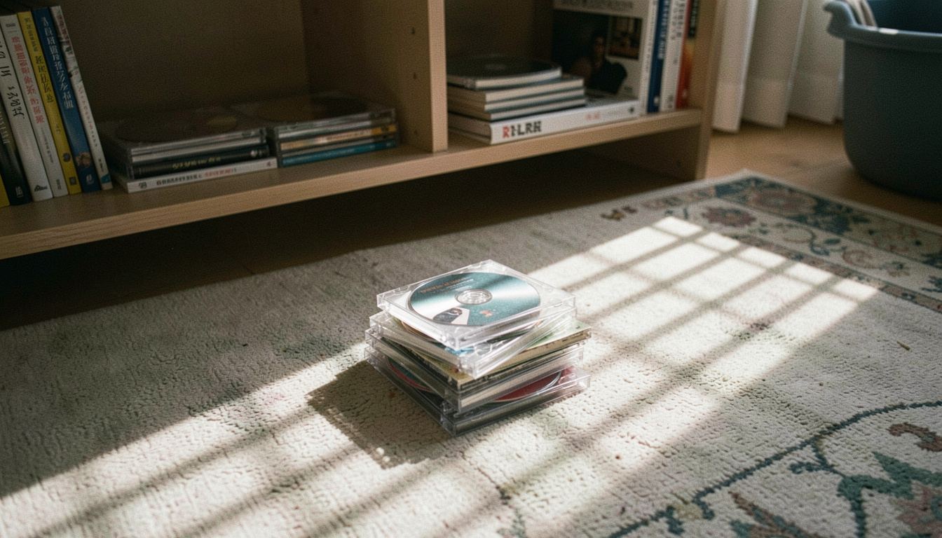 Stapel aufgeklappter CD-Hüllen auf einem Teppich vor einem niedrigen Regal, schräges Abendlicht durch eine Jalousie legt Streifen über den Boden, Aufsicht aus Sitzhöhe