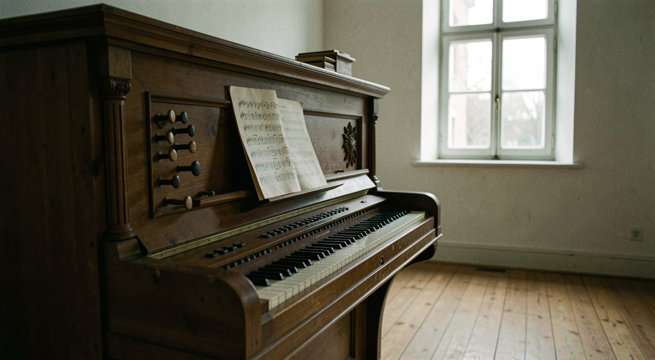 Altes Harmonium mit ausgezogenen Registerknöpfen in einem leeren Zimmer mit Dielenboden, Notenblatt auf dem Pult, Dämmerlicht durch ein hohes Fenster, halbnahe Aufnahme von schräg vorn