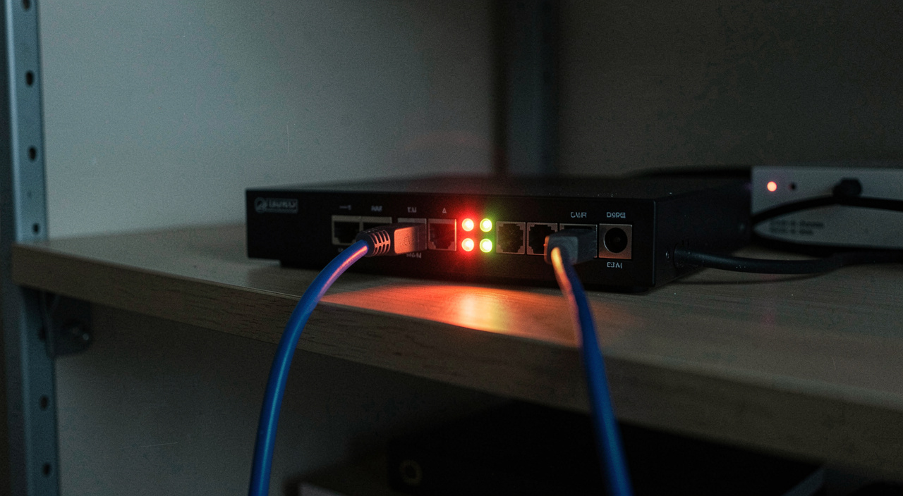 Router mit blinkenden Leuchtdioden auf einem Regalbrett, ein blaues Netzwerkkabel führt nach unten aus dem Bild, Zimmer im Dunkeln, kaltes Licht der Dioden, Nahaufnahme