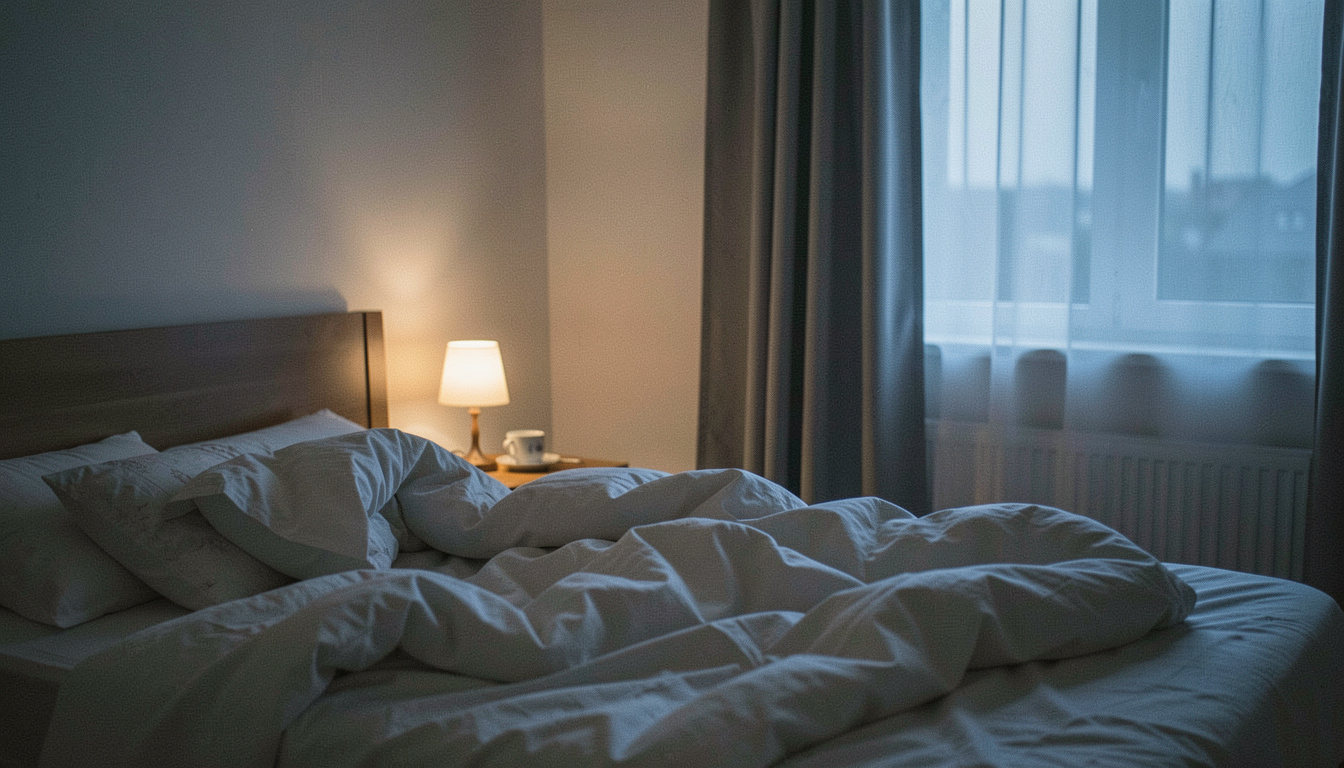 Zerwühltes Bett und Nachttisch mit kleiner Lampe in der blauen Stunde, Vorhang halb zugezogen, weiches Streiflicht, ruhige Totale