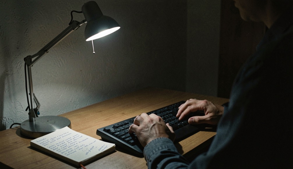 Ein Küchentisch am späten Abend, darauf ein halbvolles Wasserglas, ein aufgeschlagener Notizblock mit zwei Uhrzeiten und ein ausgeschalteter Laptop, dessen Deckel geschlossen ist; warmes Licht einer einzelnen Deckenlampe, Aufnahme leicht von oben.