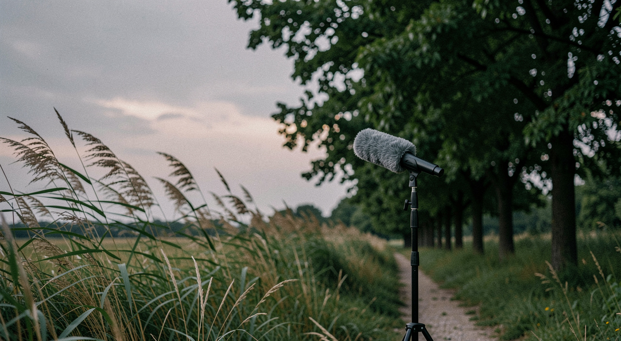 Mikrofon mit grauem Fellwindschutz auf einem niedrigen Stativ am Rand einer Baumreihe, hohes Gras bewegt sich im Wind, grauer Himmel im Morgengrauen, halbnahe Aufnahme aus Bodenhöhe